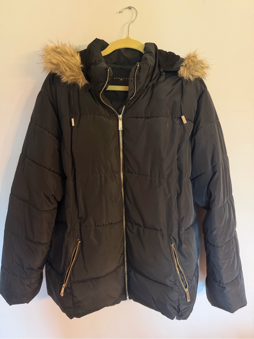 Black Women's Puffer Jacket with Faux Fur Hood Winter Coat 2XL